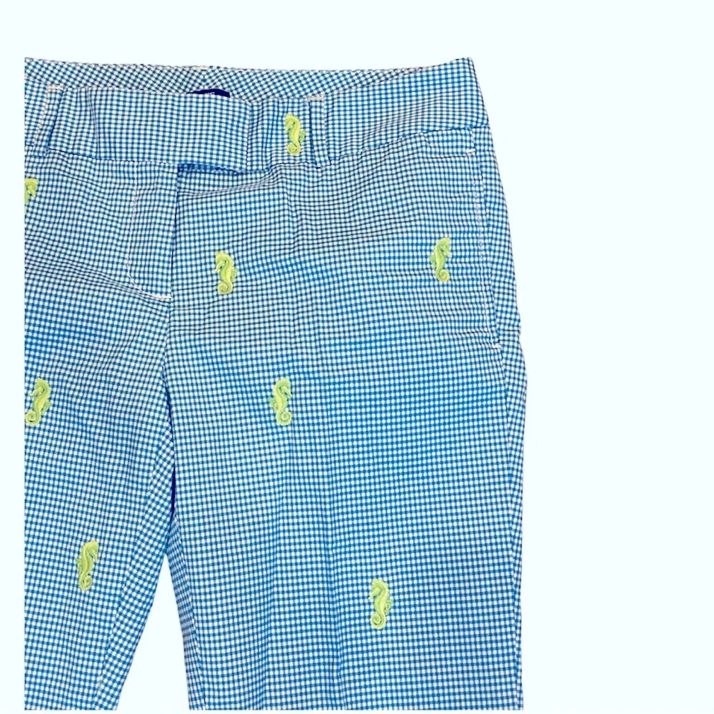 J.Crew Blue White Gingham Lime Green Embroidered Seahorse Pants Lightweight 8